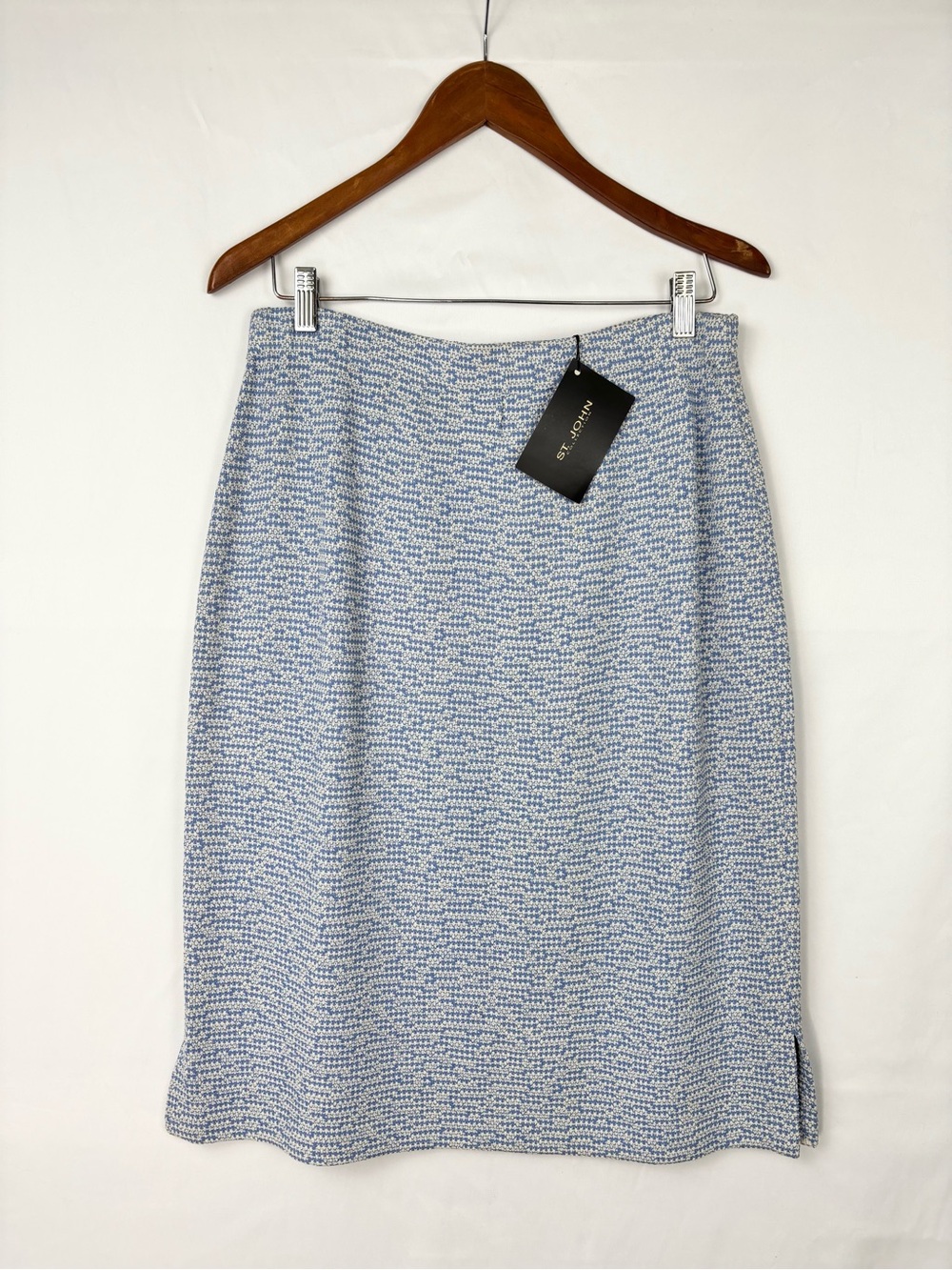 NEW Vintage St John Collection Knit Midi Skirt Blue White Wool Size 10 USA